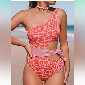 Hilinker Women's One Shoulder Knot Cut Out Ribbed One Piece Swimsuit L
